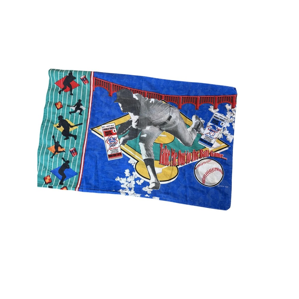 Vintage MLB Baseball Pillowcase Take Me Out To The Ball Game 1996 90s Blue Green